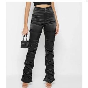 ♥️ Maniere De Voir Satin Tacked Flared Trousers Black MDV Ruched UK 10 US 6